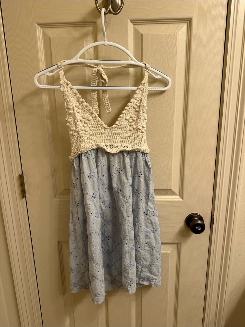 Vintage Zara Cream Crochet coverup with Light Blue Eyelet Skirt